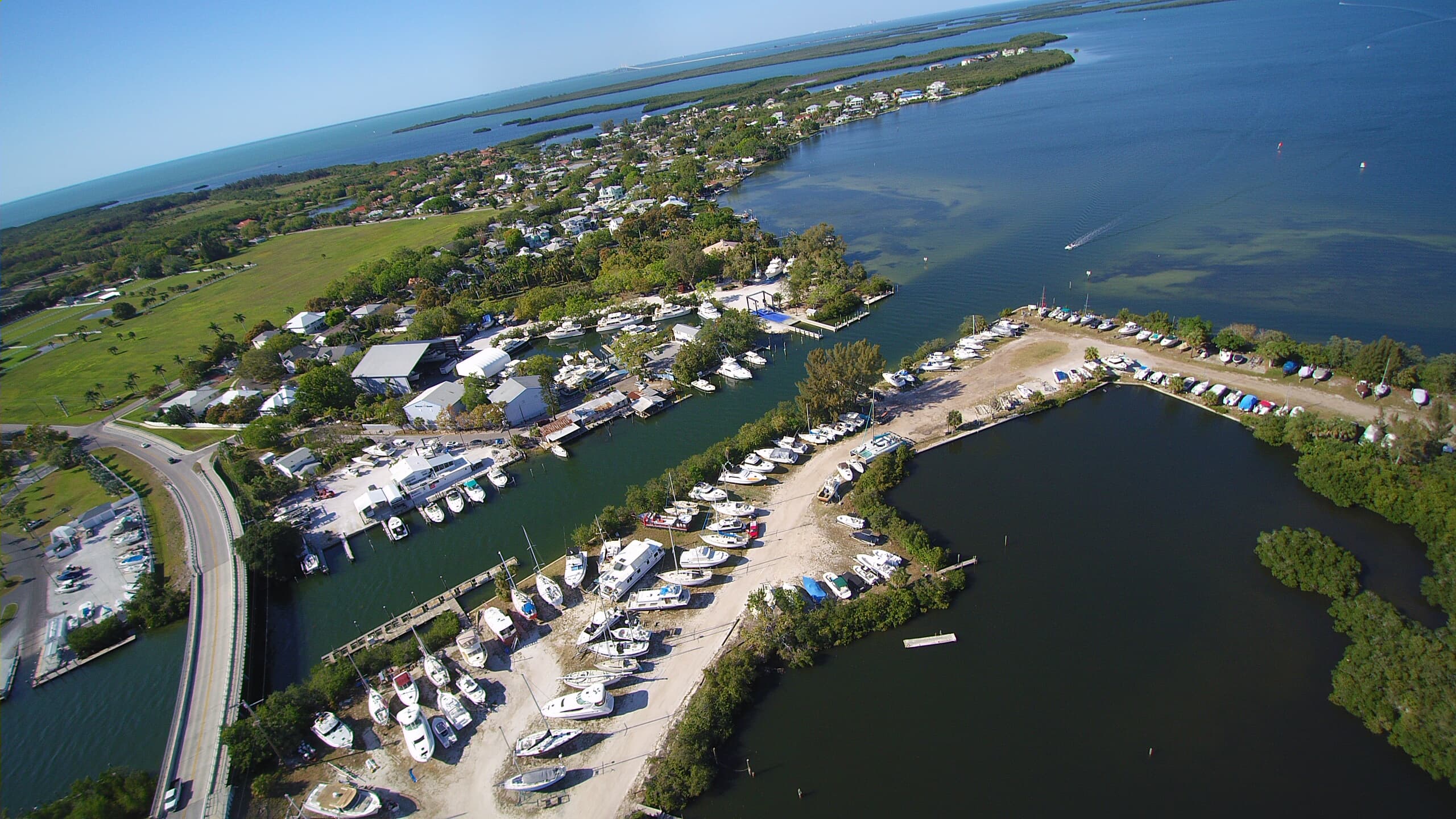 Aerial view of Cut's Edge Harbor Marina's 12-acre peninsula on Terra Ceia Bay